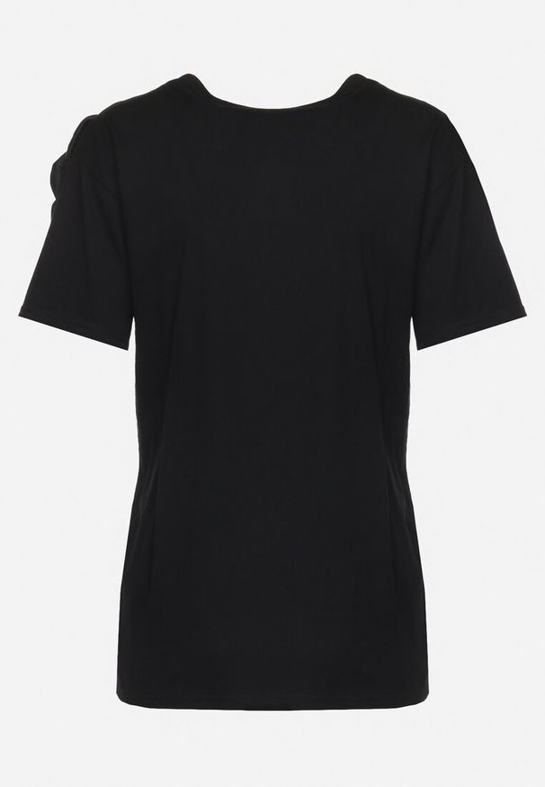 Born2be - Czarny Bawełniany T-shirt z Krótkim Rękawem i Aplikacją w Kształcie Kwiatu z Cyrkoniami Dimantee. Okazja: na co dzień. Kolor: czarny. Materiał: bawełna. Długość rękawa: krótki rękaw. Długość: krótkie. Wzór: kwiaty, aplikacja. Styl: casual, klasyczny