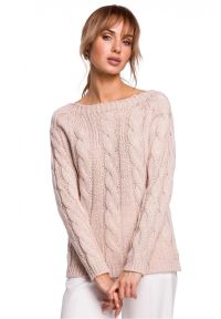 Polskie swetry - Sweter damski ze splotem typu warkocz pudrowy róż. Okazja: do pracy, na randkę, na co dzień. Kolor: różowy. Materiał: akryl, dzianina, poliamid. Wzór: ze splotem. Styl: elegancki, casual #1