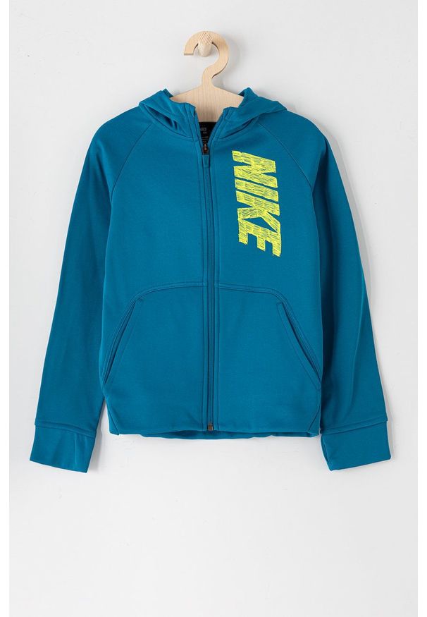 Nike Kids Bluza dziecięca z kapturem z nadrukiem. Okazja: na co dzień. Typ kołnierza: kaptur. Kolor: niebieski. Materiał: tkanina, skóra, dzianina, włókno. Długość rękawa: raglanowy rękaw. Wzór: nadruk. Styl: casual