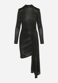 Born2be - Czarna Dopasowana Sukienka Mini o Asymetrycznym Fasonie z Metalicznym Połyskiem Buttera. Kolor: czarny. Materiał: materiał. Typ sukienki: asymetryczne. Długość: mini #2