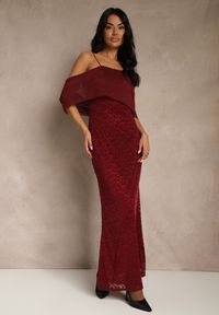 Renee - Bordowa Sukienka o Asymetrycznym Kroju Ozdobiona Falbaną Owedia. Kolor: czerwony. Materiał: poliester. Wzór: aplikacja. Typ sukienki: asymetryczne. Styl: elegancki #3