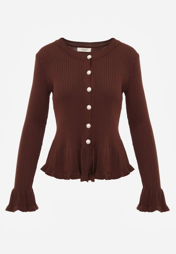 Renee - Brązowy Wiskozowy Kardigan w Prążki z Falbankami i Guzikami z Cyrkoniami Danareia. Okazja: na co dzień, na imprezę. Typ kołnierza: kołnierz z falbankami. Kolor: brązowy. Materiał: wiskoza. Wzór: prążki. Styl: casual