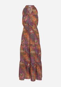 Born2be - Pomarańczowa Taliowana Sukienka w Kwiaty z Gumką w Pasie i Wiązaniem przy Szyi Lusaria. Okazja: na co dzień. Kolor: pomarańczowy. Materiał: skóra. Długość rękawa: bez rękawów. Wzór: kwiaty. Sezon: wiosna, lato. Styl: boho, casual, elegancki #2