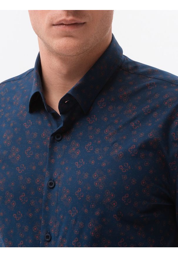 Ombre Clothing - Koszula męska elegancka z długim rękawem K594 - granatowa - XXL. Kolor: niebieski. Materiał: bawełna, elastan. Długość rękawa: długi rękaw. Długość: długie. Styl: elegancki
