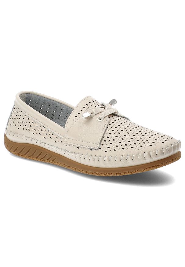 Półbuty damskie Vinceza, cholewka ze skóry naturalnej licowej z perforacją wsuwany fason z ozdobnym wiązaniem, beżowe, 93217. Kolor: beżowy. Materiał: skóra. Szerokość cholewki: normalna