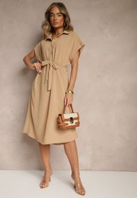 Renee - Jasnobrązowa Pudełkowa Sukienka z Bawełną i Paskiem Savorienne. Okazja: na co dzień. Kolor: brązowy. Materiał: bawełna. Styl: elegancki, casual #4