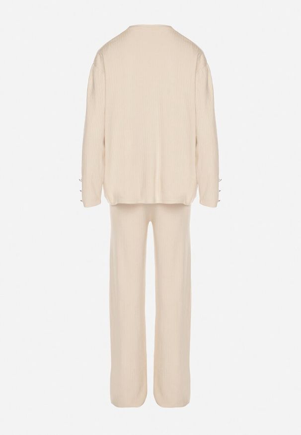 Born2be - Jasnobeżowy Dzianinowy Komplet z Bawełną Spodnie Kardigan i Bluzka z Golfem Ralinada. Kolor: beżowy. Materiał: dzianina, bawełna