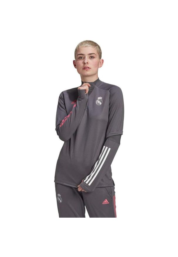 Bluza treningowa damska Adidas Real Madrid. Typ kołnierza: kołnierzyk stójkowy. Kolor: szary. Materiał: poliester. Sport: fitness