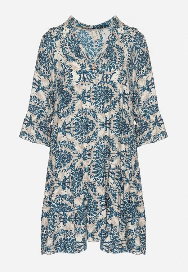 Born2be - Granatowo-Beżowa Rozkloszowana Sukienka z Bawełny z Falbanami w Ornamentalny Wzór Lanoreth. Okazja: na co dzień, na spacer. Typ kołnierza: dekolt w serek. Kolor: niebieski. Materiał: bawełna. Typ sukienki: rozkloszowane, proste. Styl: klasyczny, casual