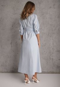 Renee - Niebieska Bawełniana Sukienka Koszulowa w Stylu Retro z Wiązanym Paskiem Meresa. Okazja: na randkę. Kolor: niebieski. Materiał: bawełna. Sezon: lato. Typ sukienki: koszulowe. Styl: retro #3