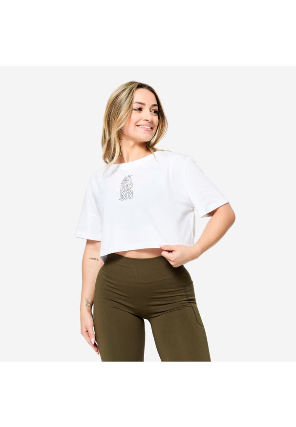 DOMYOS - Koszulka fitness damska Domyos crop top. Materiał: bawełna, materiał, elastan. Sport: fitness