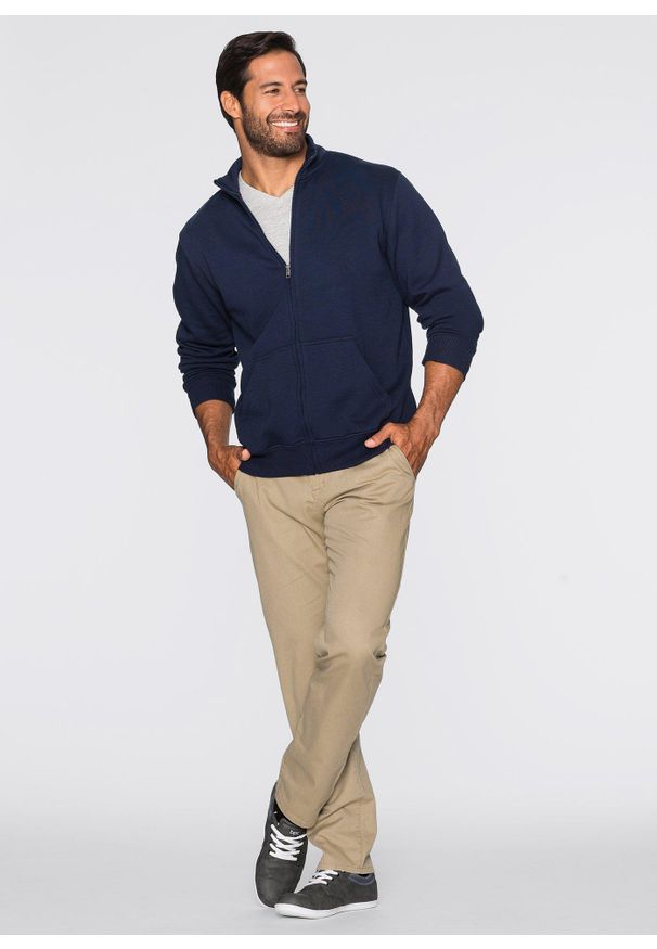 bonprix - Bluza rozpinana ze stójką. Typ kołnierza: kołnierzyk stójkowy. Kolor: niebieski. Materiał: dzianina, dresówka. Styl: sportowy