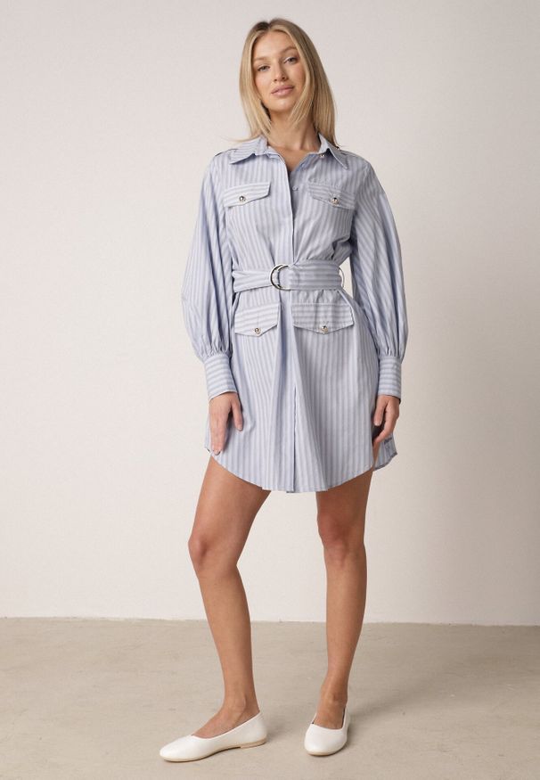 Born2be - Niebieska Bawełniana Sukienka Koszulowa z Paskiem i Pagonami Dennelia. Okazja: na co dzień, na spotkanie biznesowe. Kolor: niebieski. Materiał: bawełna. Typ sukienki: koszulowe. Styl: casual, biznesowy, elegancki, klasyczny