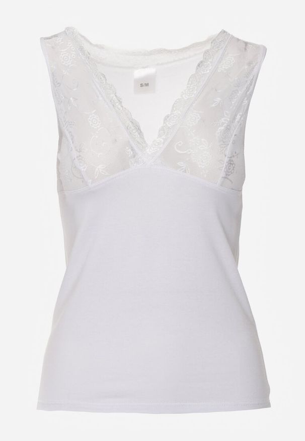 Renee - Biały Bieliźniany Top z Bawełny z Siateczkową Wstawką i Koronką Beranela. Kolor: biały. Materiał: bawełna, koronka. Wzór: koronka