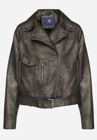 Born2be - Ciemnoszara Kurtka Ramoneska z Kieszeniami i Paskiem z Klamrą Polvila. Okazja: na co dzień. Kolor: szary. Materiał: jeans. Długość rękawa: długi rękaw. Długość: długie. Styl: casual, klasyczny, rockowy, elegancki #2