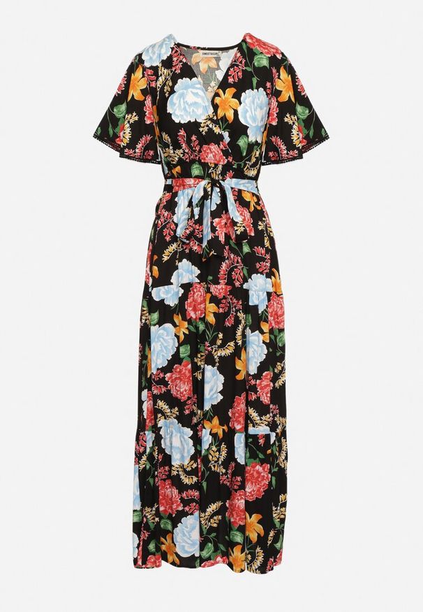 Born2be - Czarno-Niebieska Sukienka Maxi z Gumką w Talii z Szerokimi Rękawami i Kwiatowym Printem Nodriala. Okazja: na imprezę. Kolor: czarny. Wzór: kwiaty, nadruk. Sezon: lato. Długość: maxi