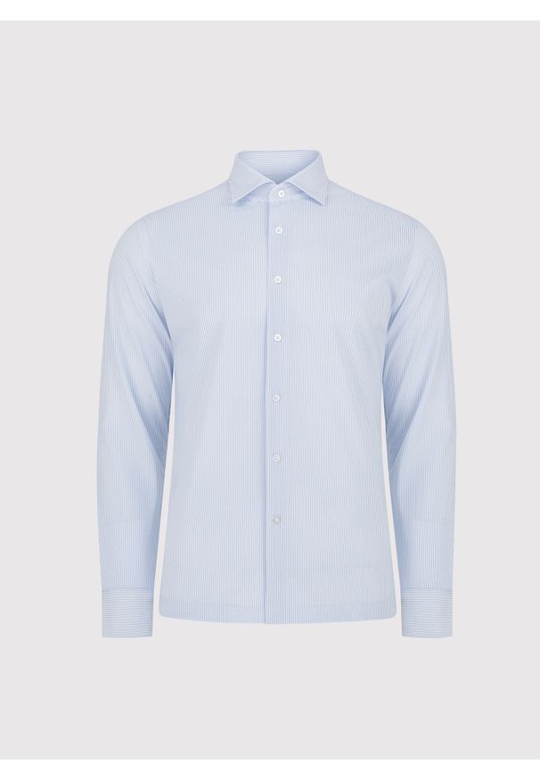 Pako Lorente - PAKO LORENTE - Błękitna koszula w drobny prążek. Typ kołnierza: kołnierzyk włoski. Kolor: niebieski. Materiał: dzianina, bawełna, poliester. Długość rękawa: długi rękaw. Długość: długie. Wzór: prążki