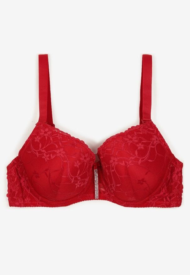 Born2be - Czerwony Koronkowy Biustonosz Ozdobiony Cyrkoniami Katirena. Kolor: czerwony. Materiał: koronka. Rodzaj stanika: odpinane ramiączka. Wzór: aplikacja