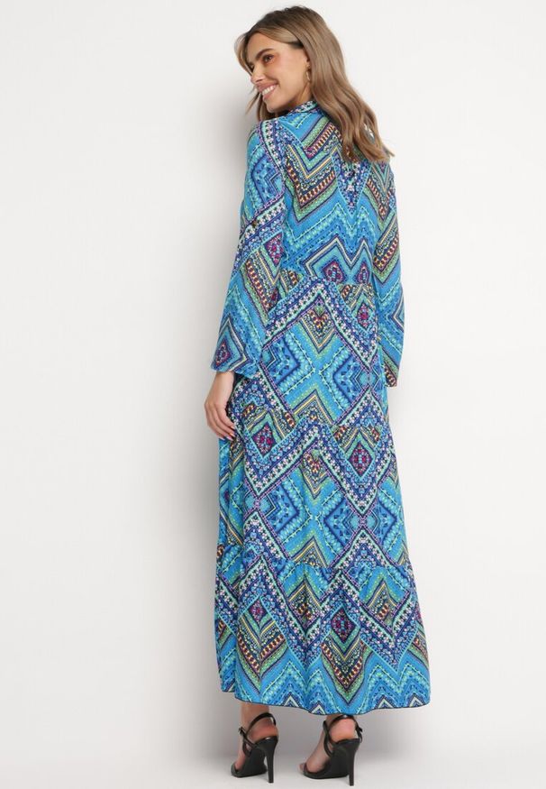Born2be - Niebieska Bawełniana Sukienka Koszulowa Maxi w Stylu Boho Hlevana. Kolor: niebieski. Materiał: bawełna. Typ sukienki: koszulowe. Styl: boho. Długość: maxi