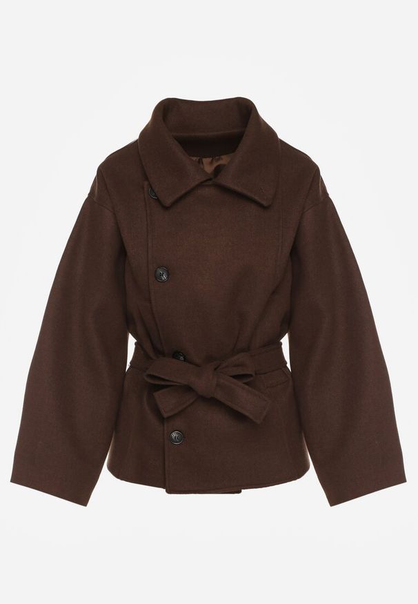 Renee - Brązowy Pudełkowy Krótki Płaszcz z Wiskozą z Wiązanym Paskiem i Kołnierzykiem Tusainea. Kolor: brązowy. Materiał: wiskoza. Długość: krótkie