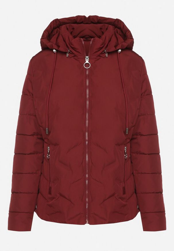 Born2be - Bordowa Przejściowa Kurtka z Pikowanymi Przeszyciami i Odpinanym Kapturem Olunea. Okazja: na co dzień, na spacer. Kolor: czerwony. Materiał: jeans, poliester. Styl: casual, elegancki