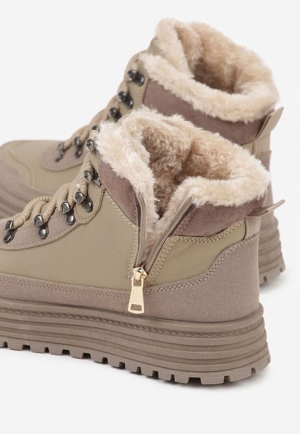 Born2be - Ciemnobeżowe Sneakersy na Grubej Podeszwie z Futerkiem Alweda. Okazja: na co dzień. Kolor: beżowy. Materiał: futro