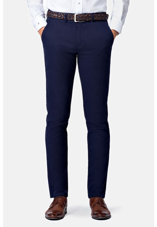 Lancerto - Spodnie Granatowe Chino Mono II. Okazja: na co dzień. Kolor: niebieski. Materiał: elastan, bawełna, materiał. Wzór: kolorowy. Styl: sportowy, casual