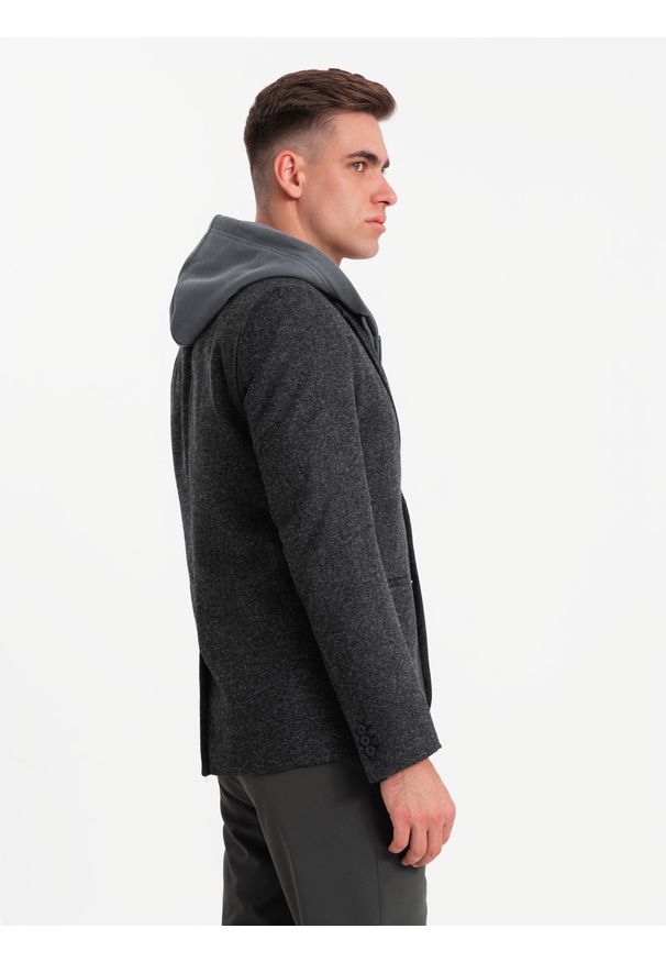 Ombre Clothing - Męska marynarka casual z ozdobnym pinem na klapie - grafitowy melanż V2 OM-BLZB-0120 - XXL. Okazja: na co dzień. Kolor: szary. Materiał: poliester. Wzór: melanż. Styl: casual