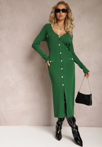 Renee - Ciemnozielona Dzianinowa Sukienka Midi na Guziki Lilaccia. Kolor: zielony. Materiał: dzianina. Typ sukienki: rozkloszowane, dopasowane. Długość: midi #2