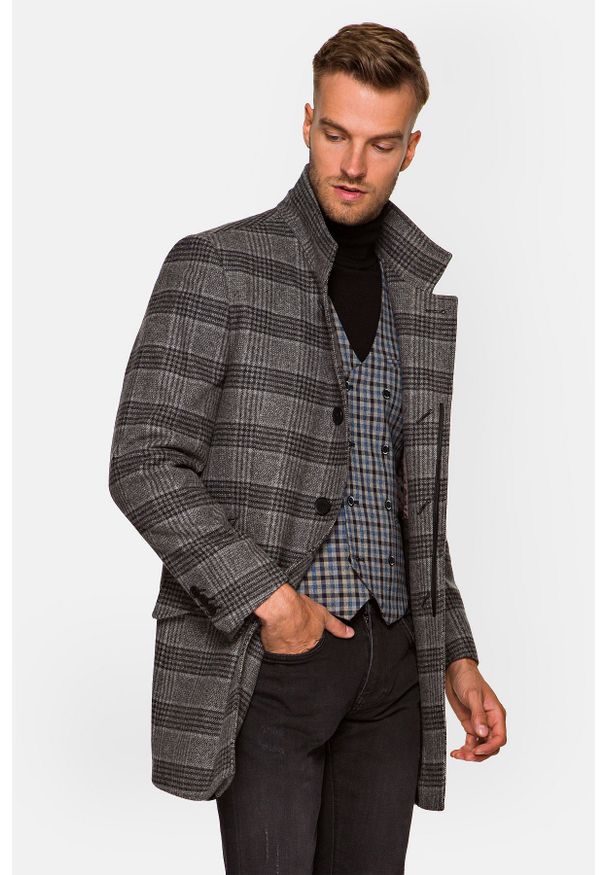 Lancerto - Płaszcz Szary w Kratę Halton. Kolor: szary. Materiał: materiał, włókno, jeans, wełna, acetat, skóra, bawełna, wiskoza, syntetyk, poliamid, poliester. Styl: klasyczny