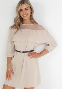 Born2be - Beżowa Sukienka z Plisowaną Falbanką i Cienkim Paskiem Aniva. Kolor: beżowy. Materiał: skóra. Długość: mini #1