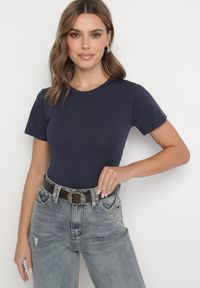 Born2be - Granatowy Klasyczny T-shirt z Bawełny Lorali. Okazja: na co dzień, na spacer. Kolor: niebieski. Materiał: bawełna. Wzór: gładki. Styl: klasyczny #7