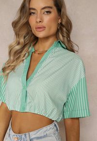 Renee - Zielona Bluzka Krótka w Stylu Retro na Guziki Ozdobiona Paskami Fito. Kolor: zielony. Długość rękawa: krótki rękaw. Długość: krótkie. Wzór: aplikacja. Styl: retro #3