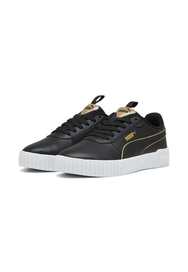 Puma - Damskie sneakersy Carina 2.0 Pop Up Metallics PUMA Black Gold White. Kolor: biały, czarny, żółty, wielokolorowy. Materiał: skóra. Wzór: aplikacja. Sezon: lato