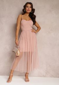Renee - Różowa Sukienka na Ramiączkach z Tiulowym Dołem Liuli. Kolor: różowy. Materiał: tiul. Długość rękawa: na ramiączkach
