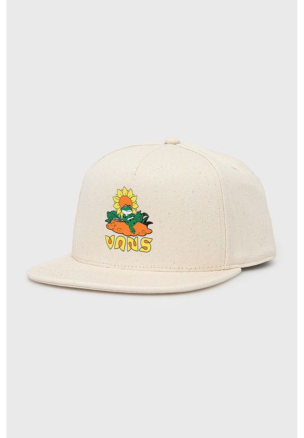 Vans czapka bawełniana kolor beżowy z nadrukiem. Kolor: beżowy. Materiał: bawełna. Wzór: nadruk