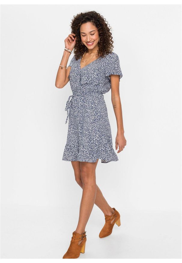 bonprix - Sukienka mini ze zrównoważonej wiskozy. Typ kołnierza: dekolt w serek. Kolor: niebieski. Materiał: wiskoza. Sezon: lato. Długość: mini