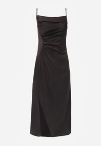 Renee - Czarna Sukienka Maxi z Rozcięciem i Marszczeniem Viviepa. Okazja: na wesele, na ślub cywilny, na imprezę. Kolor: czarny. Długość rękawa: na ramiączkach. Długość: maxi #4