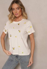 Renee - Beżowy Bawełniany T-shirt z Ozdobnym Haftem Falvivi. Okazja: na co dzień. Kolor: beżowy. Materiał: bawełna. Wzór: haft. Styl: klasyczny, casual, elegancki