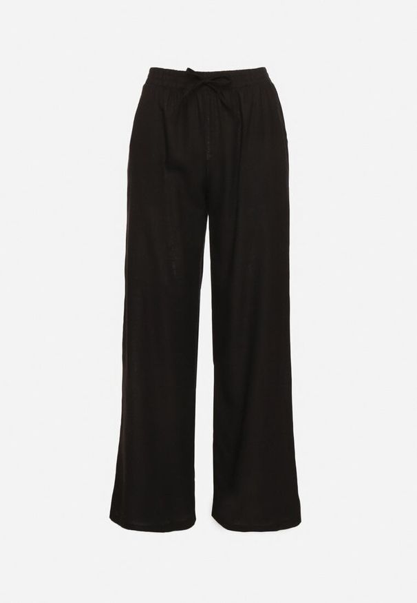 Born2be - Czarne Szerokie Spodnie z Lnem z Gumką w Talii i Kieszeniami Filisela. Okazja: do pracy, na co dzień. Kolor: czarny. Materiał: len. Styl: elegancki, casual