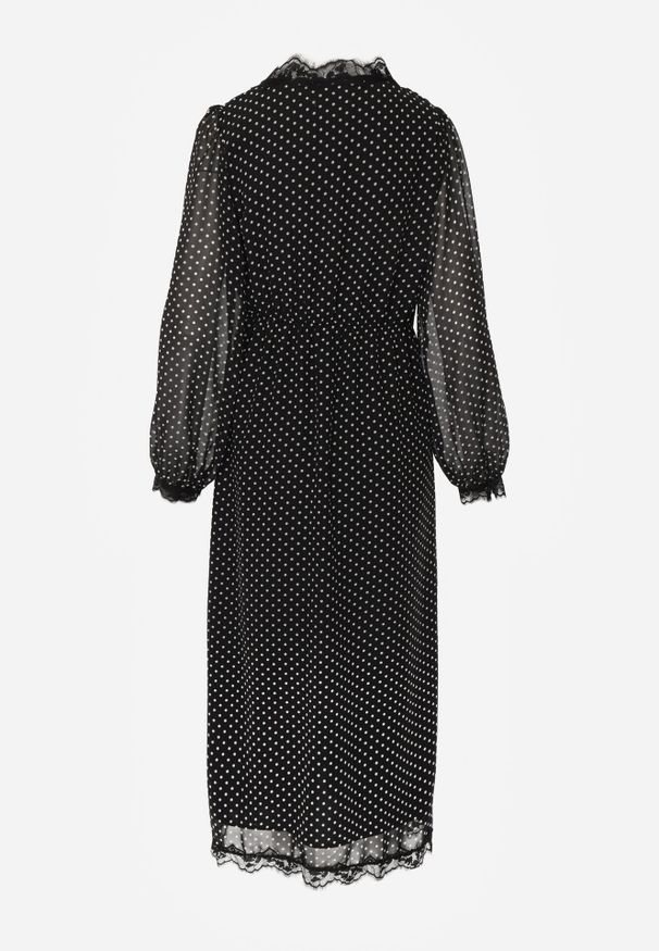 Born2be - Czarna Sukienka w Kropki z Koronką i Transparentnymi Rękawami Hetiera. Okazja: na co dzień. Kolor: czarny. Materiał: koronka. Wzór: kropki, koronka. Styl: casual, klasyczny
