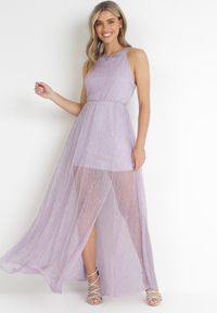 Born2be - Fioletowa Koktajlowa Sukienka z Gumką w Talii z Metaliczną Nicią Lilyan. Kolor: fioletowy. Wzór: aplikacja. Styl: wizytowy. Długość: maxi #1