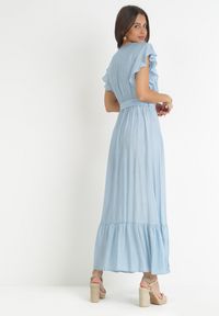 Born2be - Niebieska Rozkloszowana Sukienka z Wiązanym Paskiem Nonru. Kolor: niebieski. Materiał: materiał. Wzór: aplikacja. Styl: wakacyjny. Długość: maxi