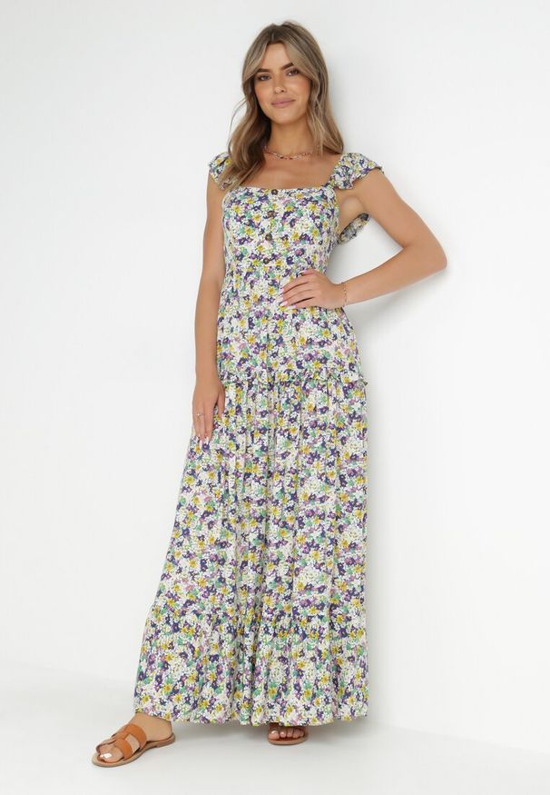 Born2be - Biało-Fioletowa Sukienka Maibe. Kolor: biały. Materiał: tkanina. Długość rękawa: na ramiączkach. Wzór: nadruk, aplikacja, kwiaty. Sezon: wiosna, lato. Typ sukienki: trapezowe. Styl: boho. Długość: maxi