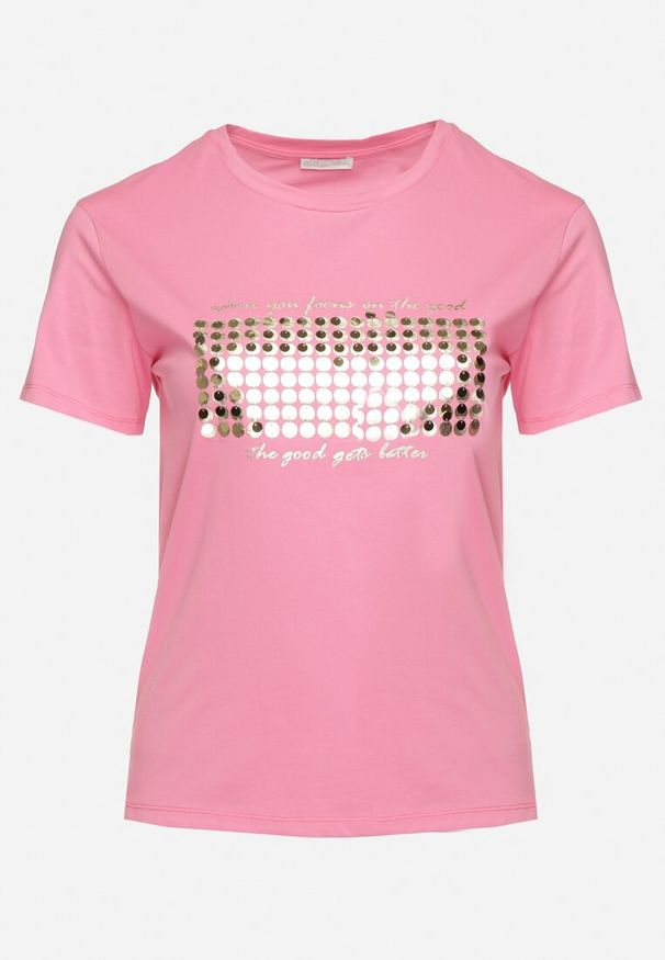 Born2be - Różowy T-shirt Bawełniany Ozdobiony Cekinami Lirenell. Okazja: na co dzień, do pracy. Kolor: różowy. Materiał: bawełna. Wzór: aplikacja. Styl: casual, glamour, klasyczny