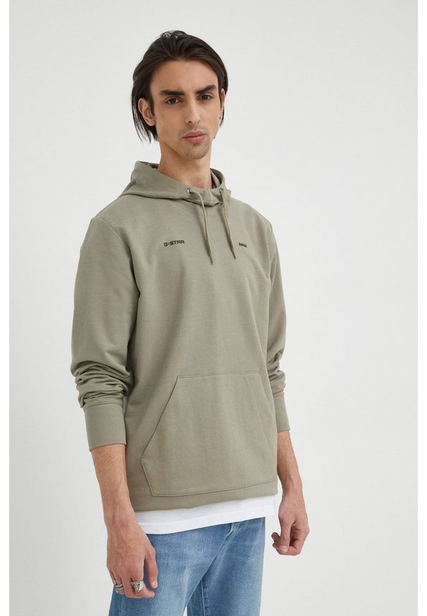 G-Star RAW - G-Star Raw bluza bawełniana męska kolor zielony z kapturem gładka. Typ kołnierza: kaptur. Kolor: zielony. Materiał: bawełna. Wzór: gładki