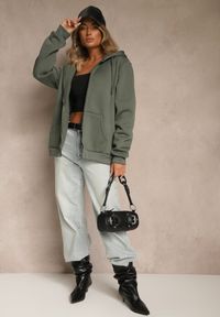 Renee - Zielona Bluza Rozpinana z Kapturem z Bawełną Ozdobiona Sznurkami Odiola. Okazja: na co dzień. Typ kołnierza: kaptur. Kolor: zielony. Materiał: bawełna. Wzór: aplikacja. Styl: sportowy, casual #3