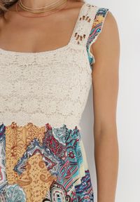 Born2be - Beżowo-Niebieska Sukienka Missey. Typ kołnierza: dekolt kwadratowy, kołnierz z falbankami. Kolor: niebieski. Materiał: wiskoza. Długość rękawa: na ramiączkach. Wzór: aplikacja, nadruk, haft. Sezon: lato. Długość: maxi #5