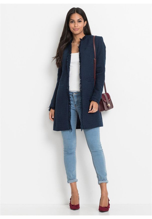 bonprix - Długi żakiet z przędzy bouclé. Kolor: niebieski. Długość: długie