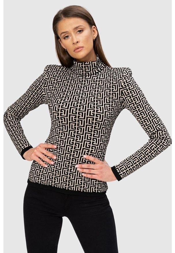 Balmain - BALMAIN Damska bluzka z golfem w czarny monogram, Rozmiar 36. Typ kołnierza: golf. Kolor: beżowy. Materiał: dzianina. Długość rękawa: długi rękaw. Długość: długie